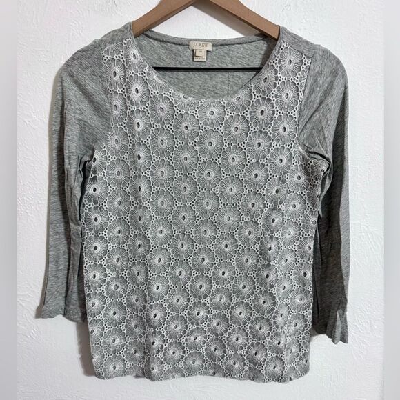 J. Crew Floral lace overlay 3/4 sleeve lightweight tee, gray and white, size XXS - Picture 1 of 7